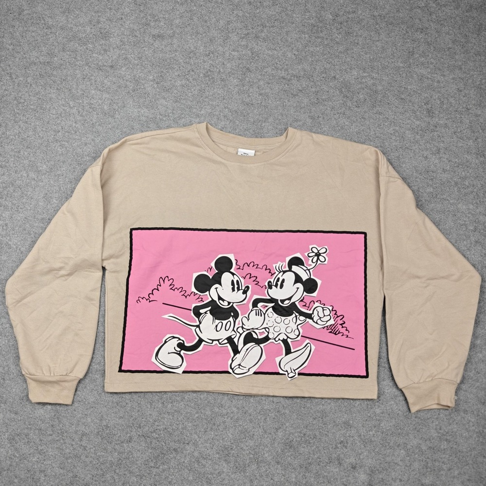 Disney Shirt Womens Large Beige Mickey Minnie Cropped Fleece Long Sleeve Top